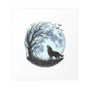 Vintage Wolf Howling Moon Tree Silhouette Design_1 Notepad