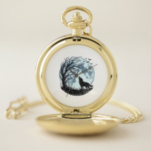 Vintage Wolf Howling Moon Tree Silhouette Design_1 Pocket Watch