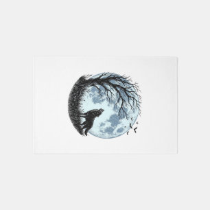 Vintage Wolf Howling Moon Tree Silhouette Design_1 Rug