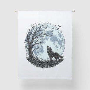 Vintage Wolf Howling Moon Tree Silhouette Design_1 Sheer Curtains