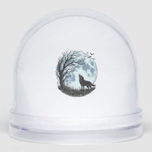 Vintage Wolf Howling Moon Tree Silhouette Design_1 Snow Globe