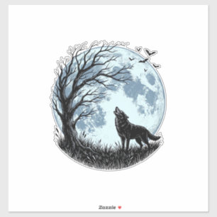 Vintage Wolf Howling Moon Tree Silhouette Design_1 Sticker