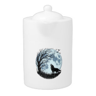 Vintage Wolf Howling Moon Tree Silhouette Design_1 Teapot