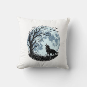 Vintage Wolf Howling Moon Tree Silhouette Design_1 Throw Pillow