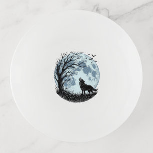 Vintage Wolf Howling Moon Tree Silhouette Design_1 Trinket Tray