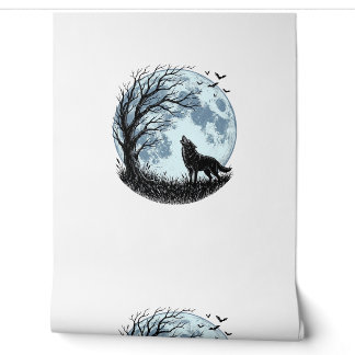 Vintage Wolf Howling Moon Tree Silhouette Design_1 Wallpaper