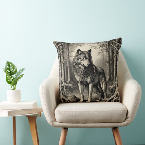 Vintage Wolf in Forest Etching  Throw Pillow