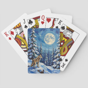 Vintage Wolf in Moonlit Winter Forest Christmas Poker Cards