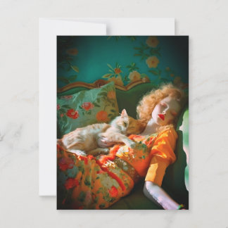 Vintage Woman and Cat Wall Art – Romantic Floral Postcard
