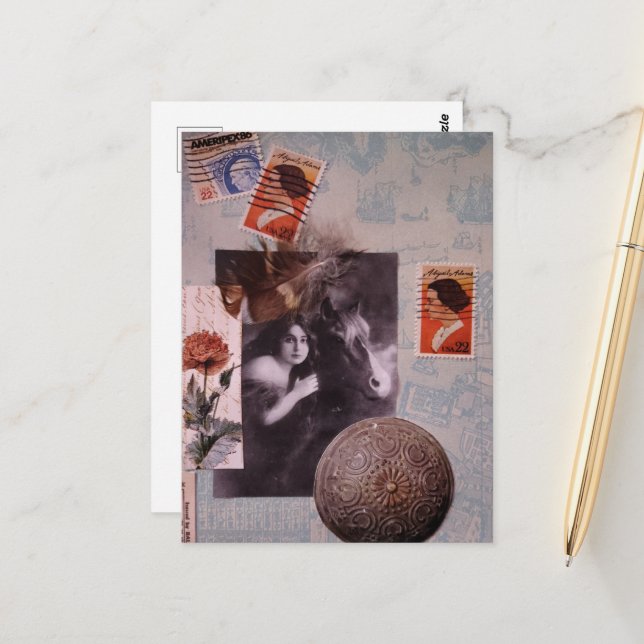 Vintage Woman and Horse Stamps Mixed Media Collage Postcard (Front/Back In Situ)