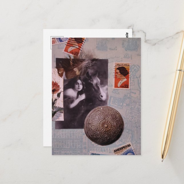 Vintage Woman and Horse Stamps Mixed Media Collage Postcard (Front/Back In Situ)