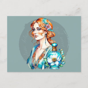 Vintage Woman and Teal Perfume Bottle Postcard