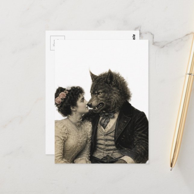 Vintage Woman and Werewolf in Love  Postcard (Front/Back In Situ)