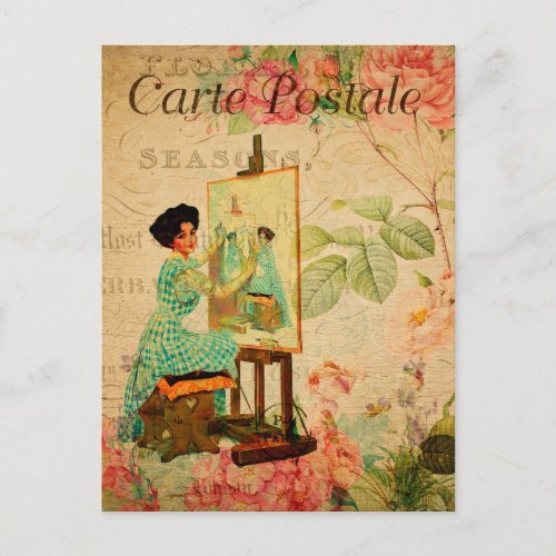 Vintage Woman Artist Sitting at Easel French Postcard
