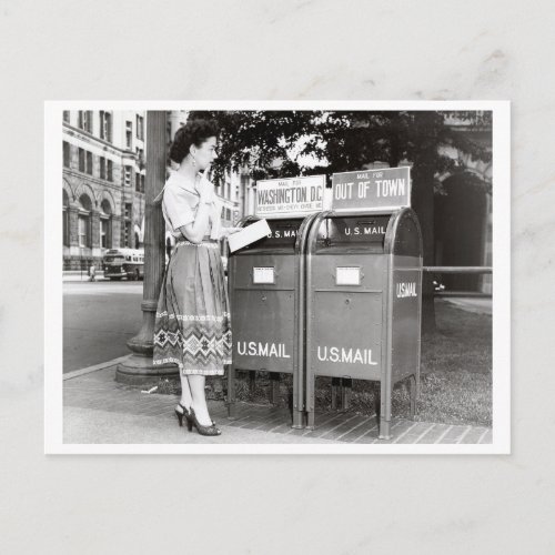 Vintage woman at mailboxes black and white photo postcard