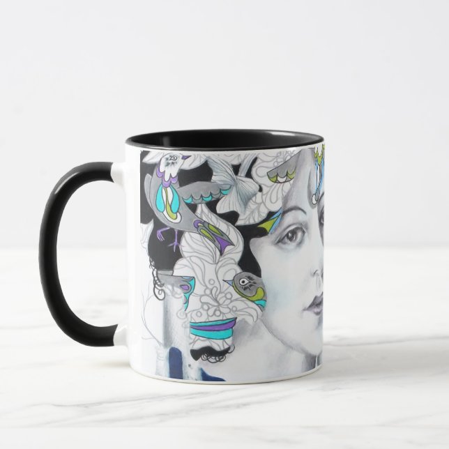 Vintage Woman Birds and Birch Trees Art Mug (Left)