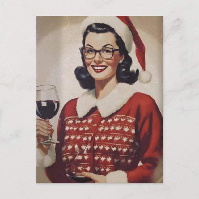 Vintage Woman Christmas Wine Postcard (Front)