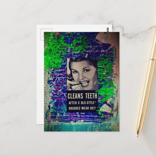Vintage Woman Cleans teeth Mixed Media Collage Postcard (Front/Back In Situ)