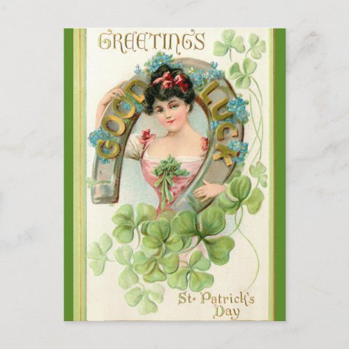 Vintage Woman Clover and Horseshoe St Patricks Day Postcard