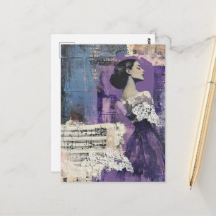 Vintage Woman Collage Sheet Music Lace Purple Postcard