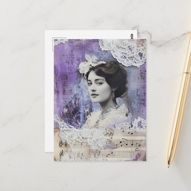Vintage Woman Collage Sheet Music Mixed Media Postcard (Front/Back In Situ)