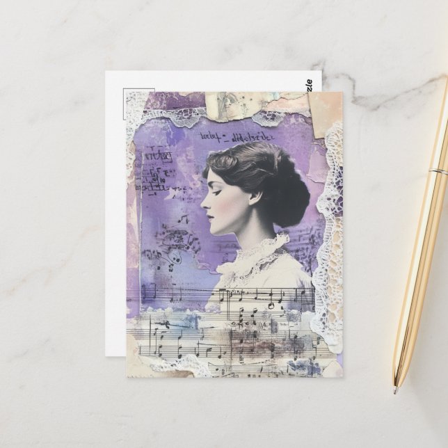 Vintage Woman Collage Sheet Music Purple  Postcard (Front/Back In Situ)