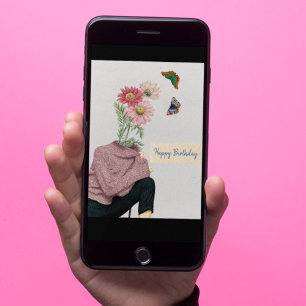 Vintage Woman Daisies Butterflies Happy Birthday Card