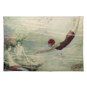 Vintage Woman Diving Underwater Mermaids Ocean Cloth Placemat