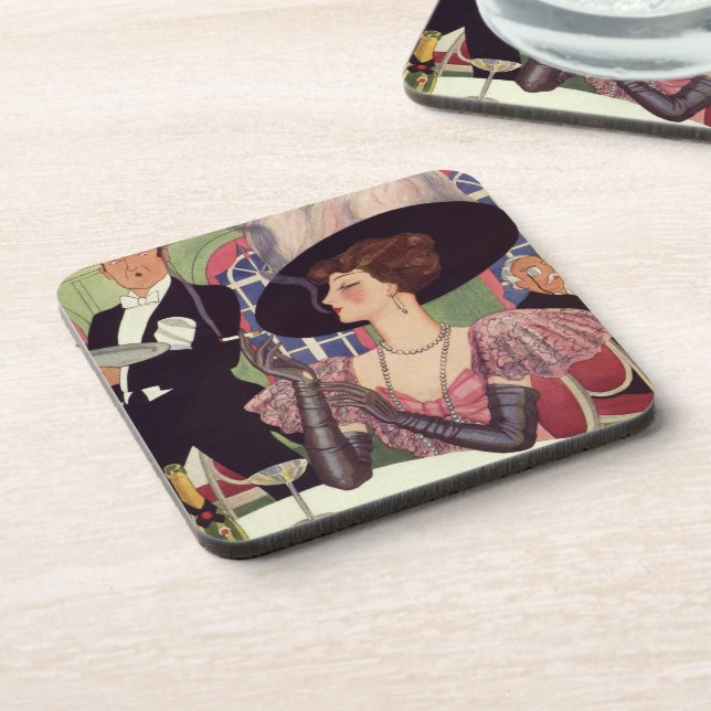 Vintage Woman Drinking Champagne Smoking Cigarette Beverage Coaster (Left Side)