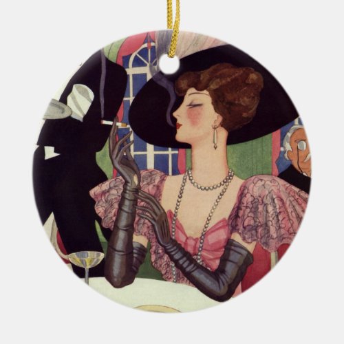 Vintage Woman Drinking Champagne Smoking Cigarette Ceramic Ornament