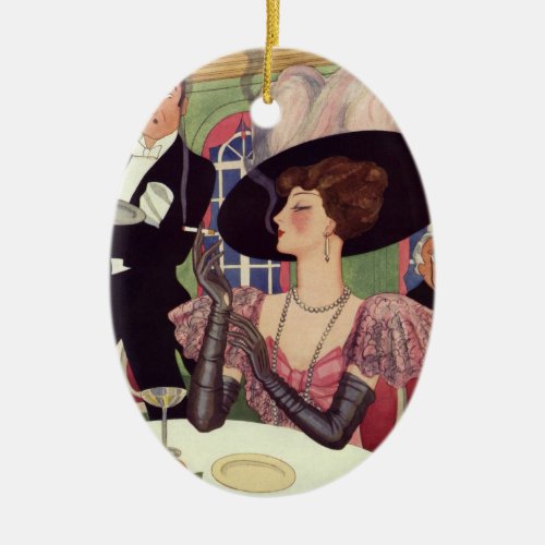 Vintage Woman Drinking Champagne Smoking Cigarette Ceramic Ornament