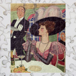 Vintage Woman Drinking Champagne Smoking Cigarette Jigsaw Puzzle<br><div class="desc">Vintage illustration food and beverages image featuring an elegant woman wearing a fancy hat with feathers and a pearl necklace drinking champagne and smoking cigarettes in a restaurant with a waiter looking on in surprise!</div>