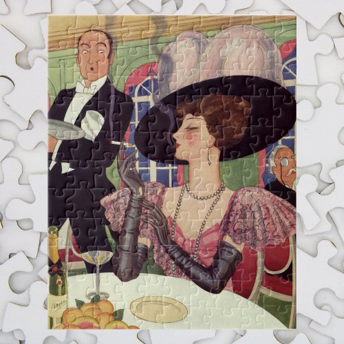 Vintage Woman Drinking Champagne Smoking Cigarette Jigsaw Puzzle