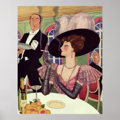 Vintage Woman Drinking Champagne Smoking Cigarette Poster