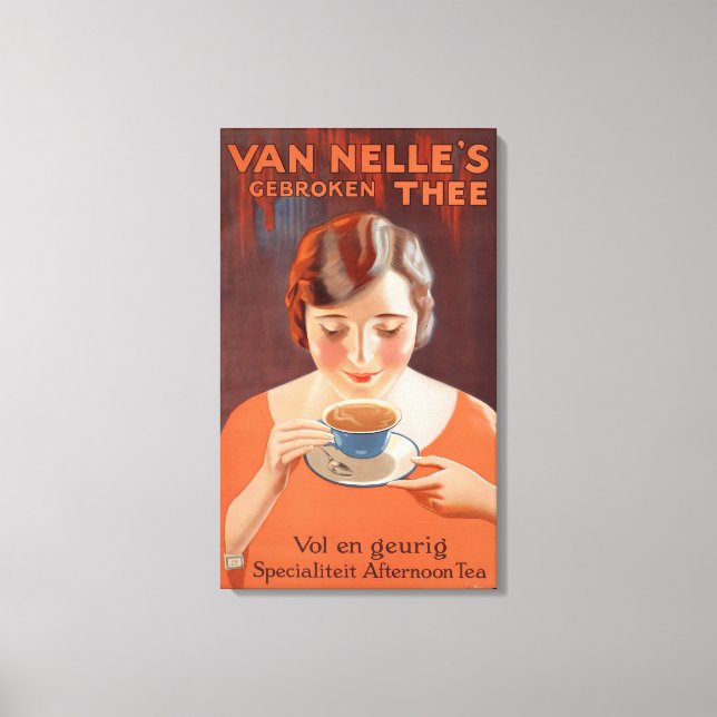 Vintage Woman Drinking Tea Painting Ad Canvas Print (Front)