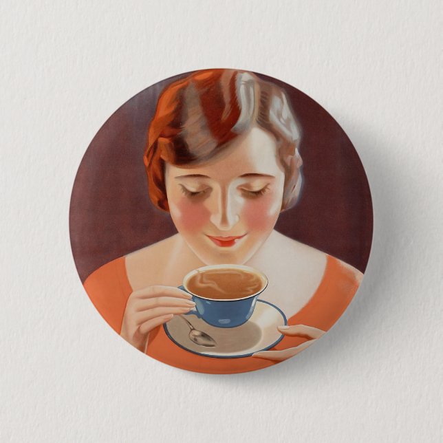 Vintage Woman Drinking Tea Painting Ad Pinback Button (Front)