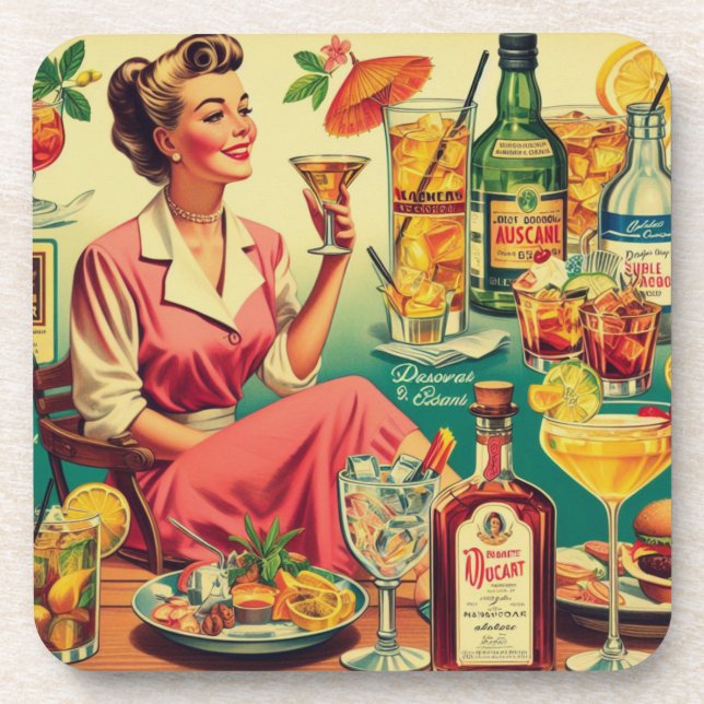 Vintage Woman Drinks Cocktails Illustration Beverage Coaster (Front)