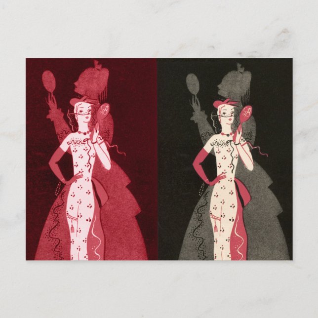 Vintage Woman Fashionista Black Pink Dress Graphic Postcard (Front)