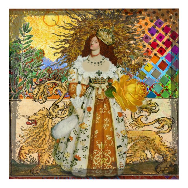 Vintage Woman Golden Sun: Leo Zodiac Collage Art (Front)