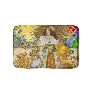 Vintage Woman Golden Sun: Leo Zodiac Collage Art Bathroom Mat