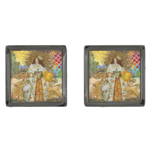 Vintage Woman Golden Sun: Leo Zodiac Collage Art Cufflinks