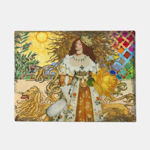 Vintage Woman Golden Sun: Leo Zodiac Collage Art Doormat