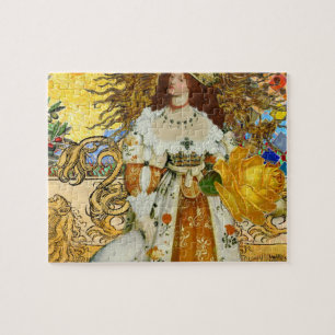 Vintage Woman Golden Sun: Leo Zodiac Collage Art Jigsaw Puzzle