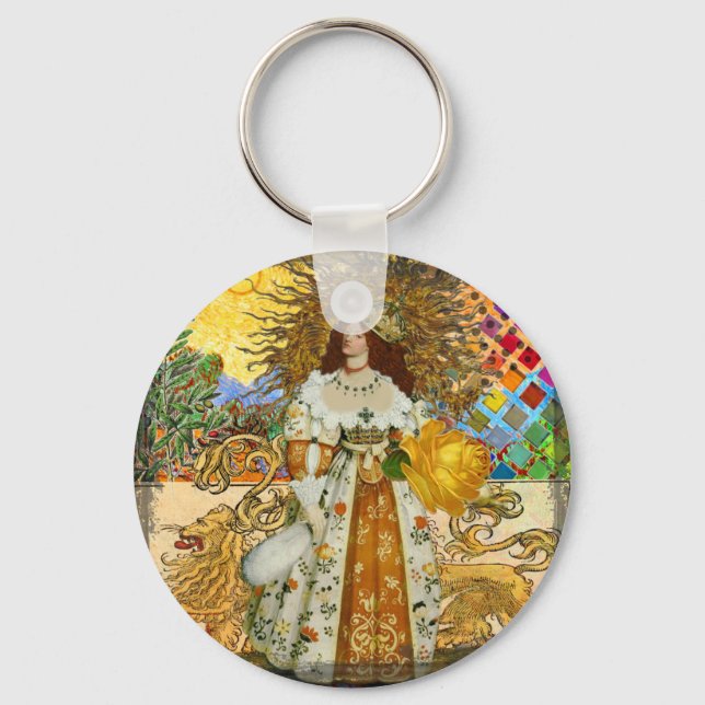 Vintage Woman Golden Sun: Leo Zodiac Collage Art Keychain (Front)