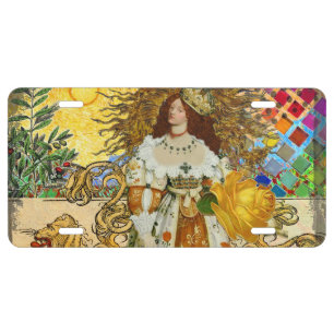 Vintage Woman Golden Sun: Leo Zodiac Collage Art License Plate