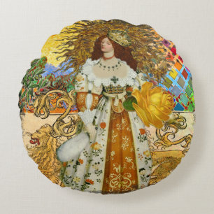 Vintage Woman Golden Sun: Leo Zodiac Collage Art Round Pillow