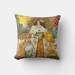 Vintage Woman Golden Sun: Leo Zodiac Collage Art Throw Pillow