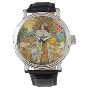 Vintage Woman Golden Sun: Leo Zodiac Collage Art Watch