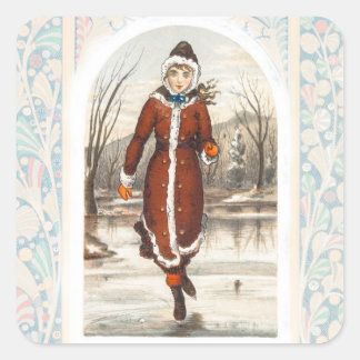 Vintage Woman Ice-Skating (1865–1899) Christmas Square Sticker