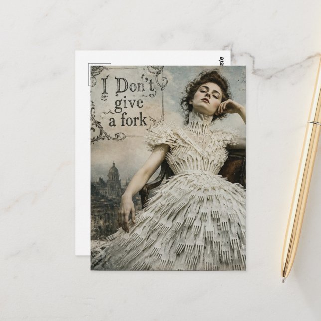 Vintage Woman in a Fork Dress Funny Quote Postcard (Front/Back In Situ)